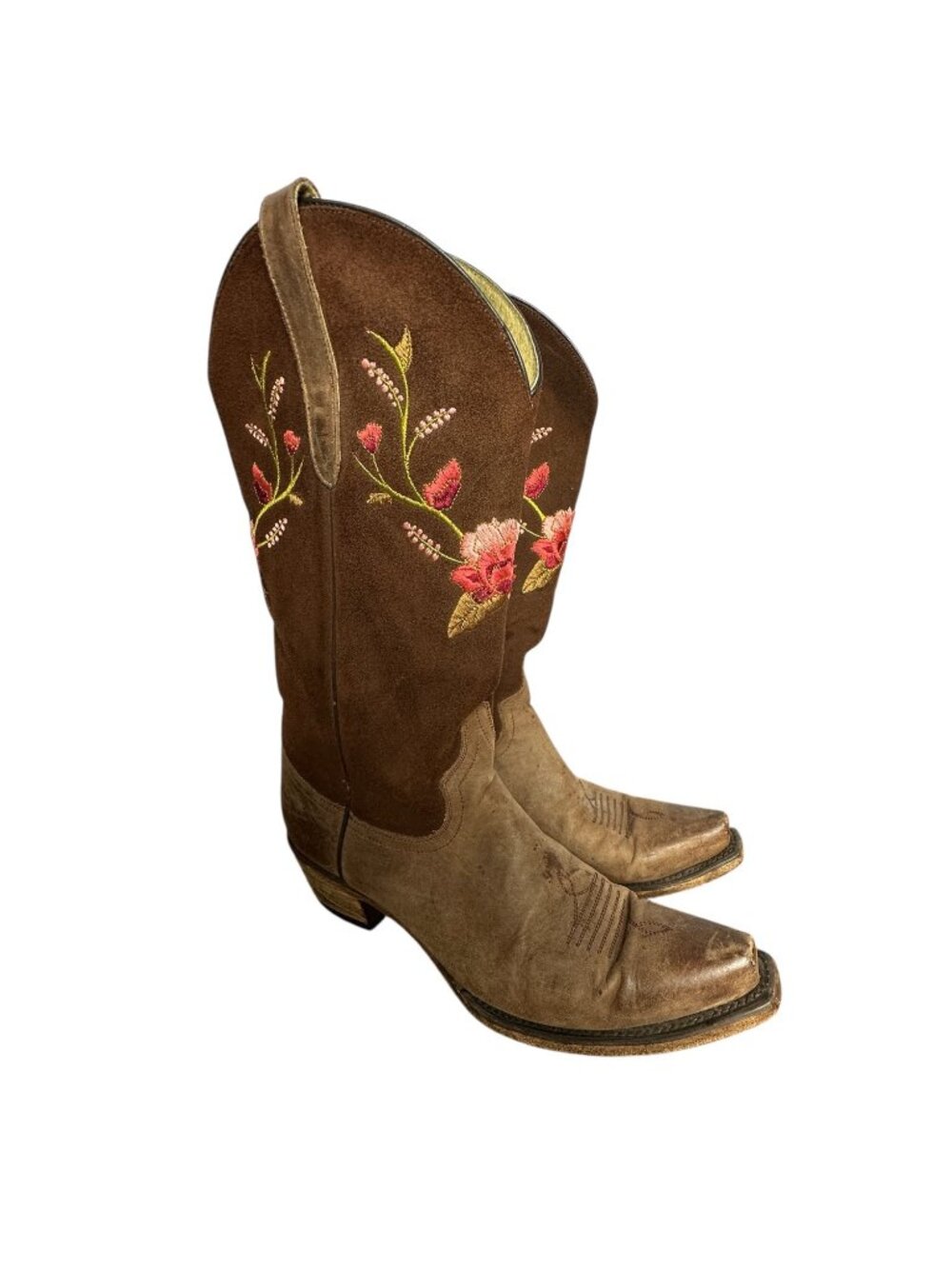 FM1101 Brown Leather Embroidered Cowboy Boots Women's 10 Boho Western